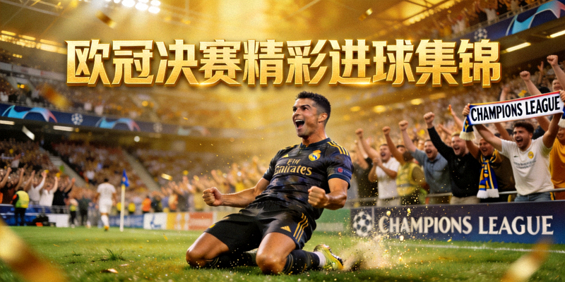 欧冠决赛精彩进球集锦封面，球员滑跪庆祝与球迷欢呼的合成画面