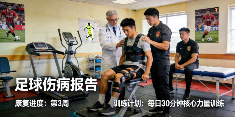 足球伤病报告：球员康复训练与医疗团队工作场景